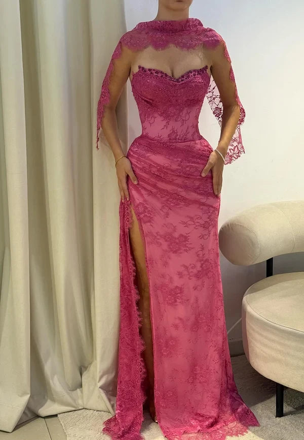 Gorgeous Sheath Sweetheart Beaded Lace Long Formal Prom Dress With Slit