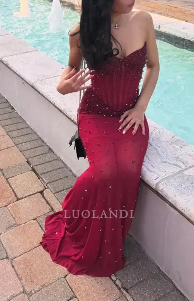 Luolandi Gorgeous Strapless Sleeveless Long Formal Prom Dress Sexy Evening Party Gowns Charming Wedding Guest Dress for Women