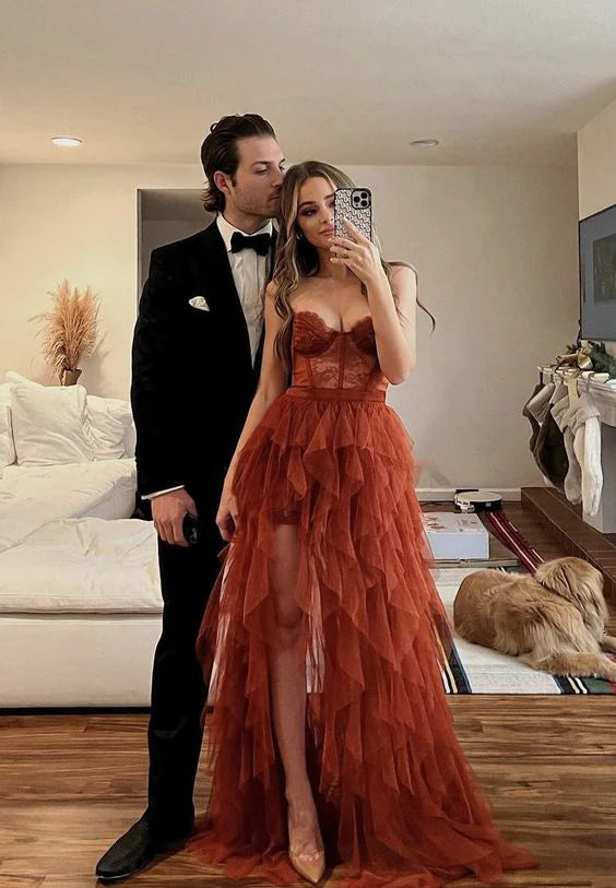 Luolandi Gorgeous Sweetheart Tiered A Line Off Shoulder Long Formal Prom Dress Charming Evening Dress With Slit