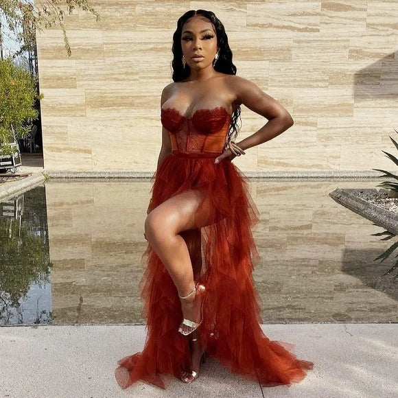 Luolandi Gorgeous Sweetheart Tiered A Line Off Shoulder Long Formal Prom Dress Charming Evening Dress With Slit