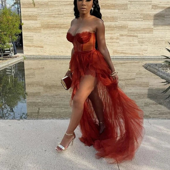 Luolandi Gorgeous Sweetheart Tiered A Line Off Shoulder Long Formal Prom Dress Charming Evening Dress With Slit