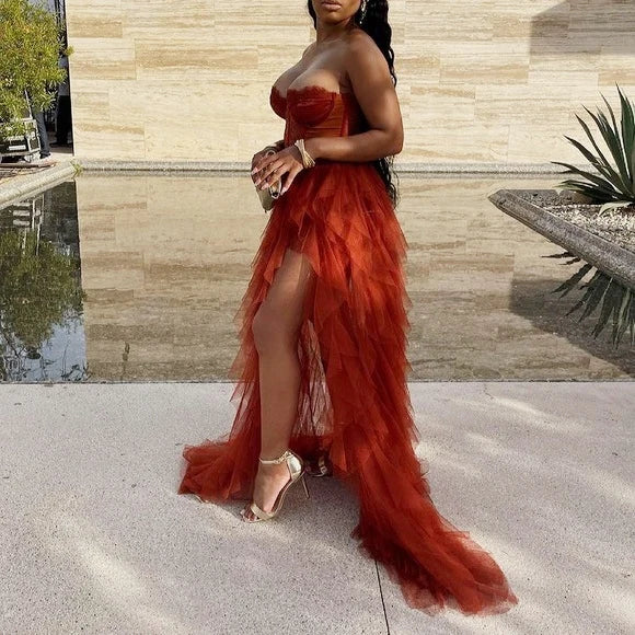 Luolandi Gorgeous Sweetheart Tiered A Line Off Shoulder Long Formal Prom Dress Charming Evening Dress With Slit