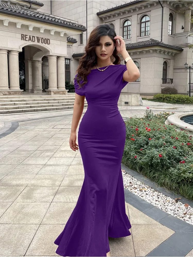 Luolandi Formal Prom Dress for Women Elegant Skew Neck Off The Shoulder Mermaid Evening Party Cocktail Maxi Dresses Solid Color