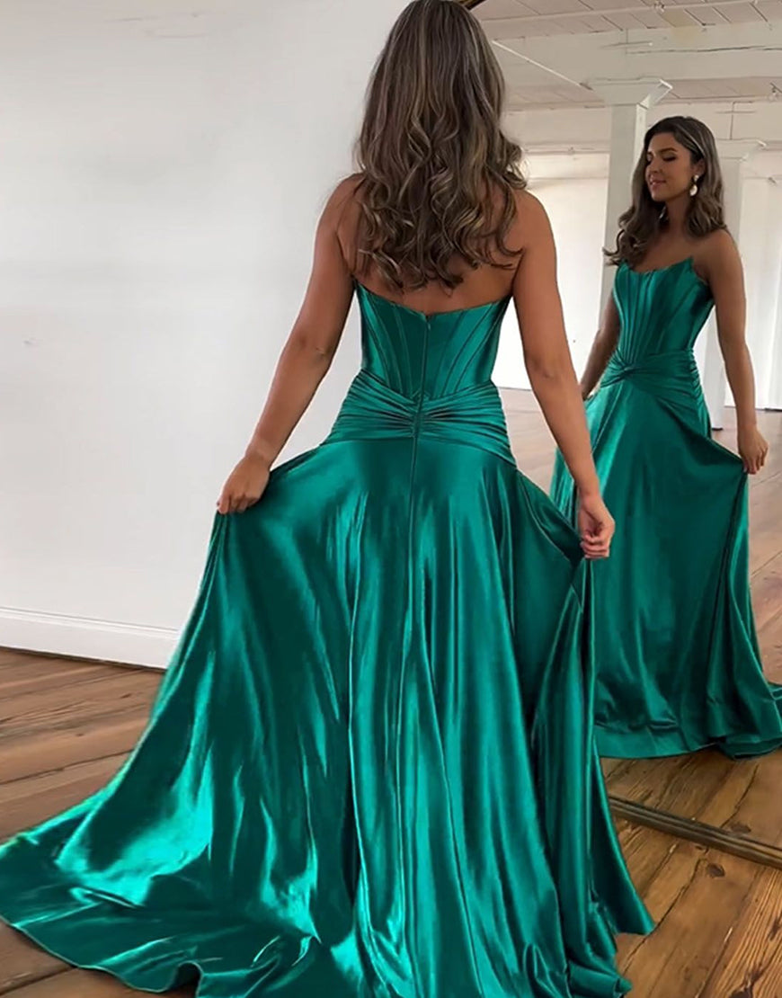 Luolandi Dark Green A-Line Satin Long Prom Dress with Slit Sexy Evening Dresses