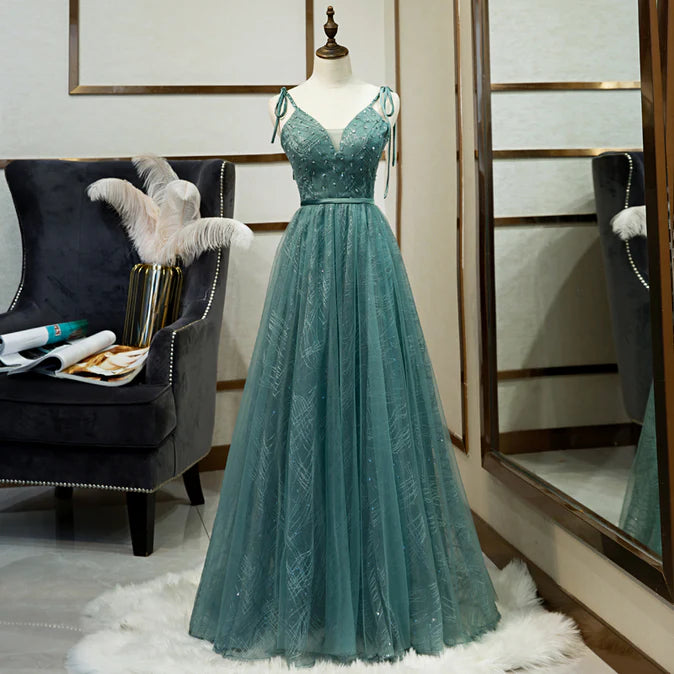 Luolandi Green Straps V-neckline Floor Length Party Dress Simple Junior Prom Dress A Line Charming Evening Dress