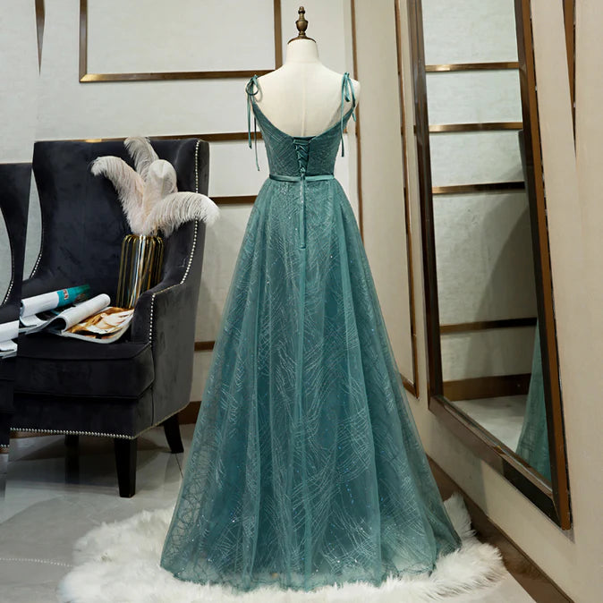 Luolandi Green Straps V-neckline Floor Length Party Dress Simple Junior Prom Dress A Line Charming Evening Dress