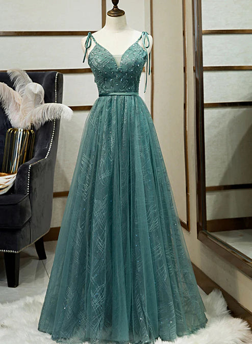 Luolandi Green Straps V-neckline Floor Length Party Dress Simple Junior Prom Dress A Line Charming Evening Dress
