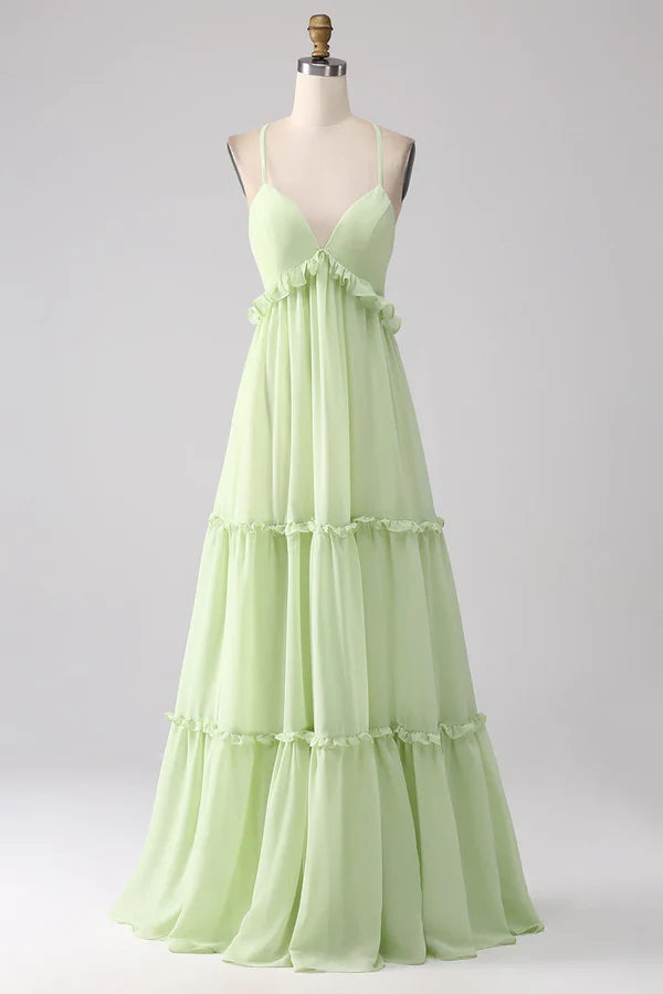 Luolandi Ruffled A-shaped green lace up bridesmaid dress Floor Length