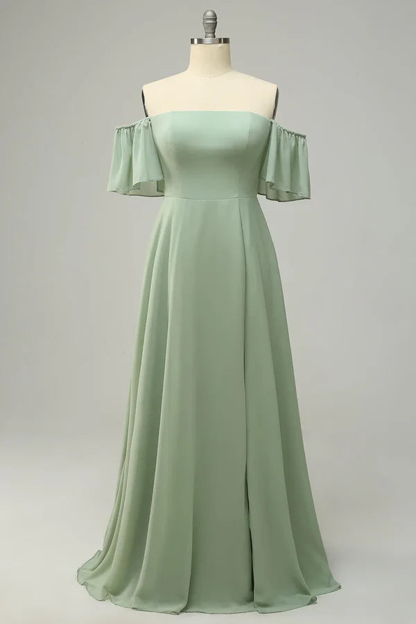 Luolandi Ruffle Edge Off Shoulder Green Long Bridesmaid Dress Floor Length