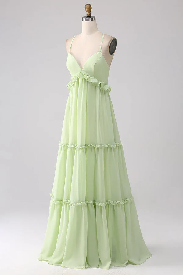 Luolandi Ruffled A-shaped green lace up bridesmaid dress Floor Length