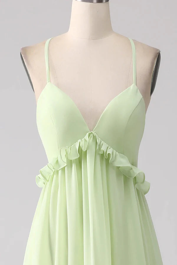 Luolandi Ruffled A-shaped green lace up bridesmaid dress Floor Length