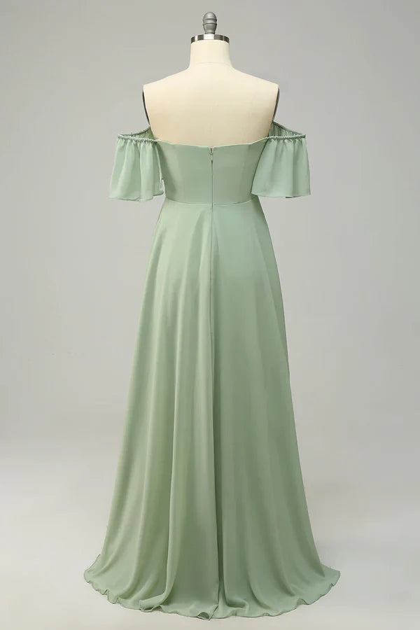 Luolandi Ruffle Edge Off Shoulder Green Long Bridesmaid Dress Floor Length