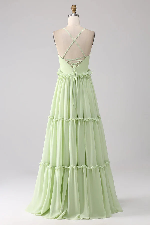Luolandi Ruffled A-shaped green lace up bridesmaid dress Floor Length
