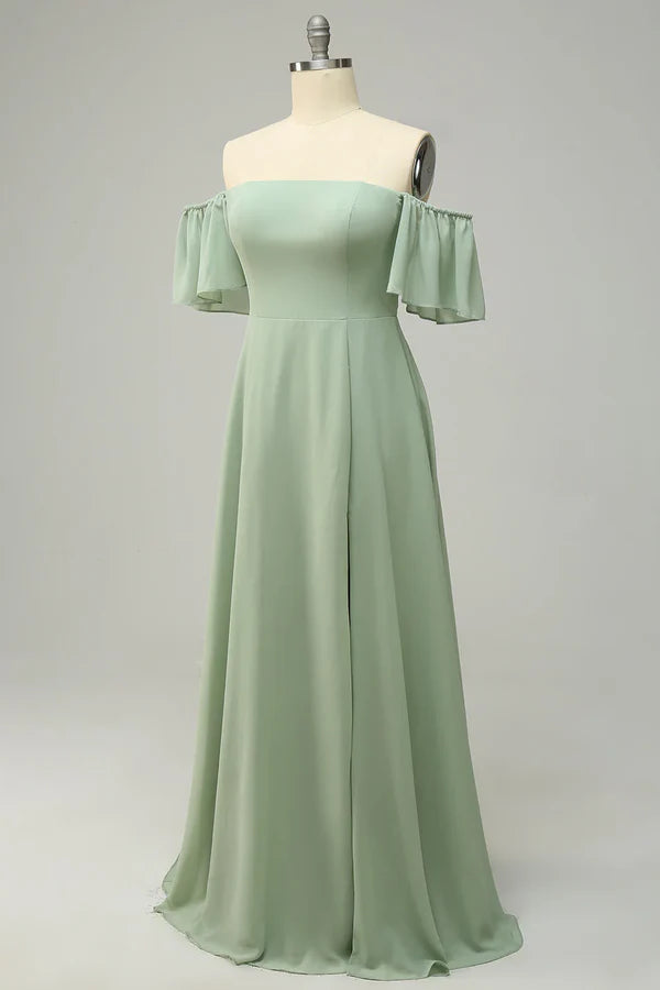 Luolandi Ruffle Edge Off Shoulder Green Long Bridesmaid Dress Floor Length