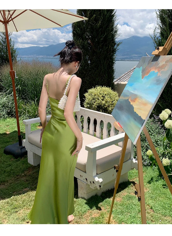 Luolandi Green Spaghetti Straps V-neck Long Prom Dress With Slit Charming Evening Party Dress Simple Women's Dresses