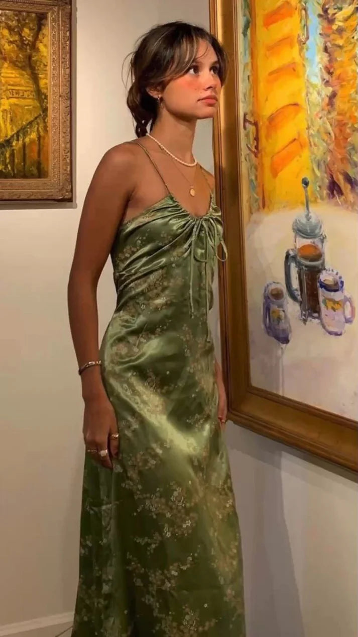 Luolandi Green Vintage Sleeveless Printed Satin Midi Length Party Dress Elegant Formal Dress Charming Prom Dress