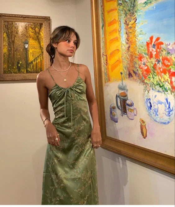 Luolandi Green Vintage Sleeveless Printed Satin Midi Length Party Dress Elegant Formal Dress Charming Prom Dress