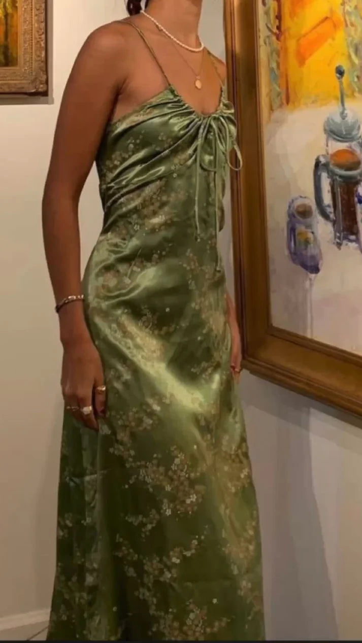 Luolandi Green Vintage Sleeveless Printed Satin Midi Length Party Dress Elegant Formal Dress Charming Prom Dress