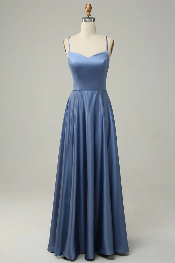 Luolandi Grey blue neckline A-line long bridesmaid dress Solid Color Party Dress