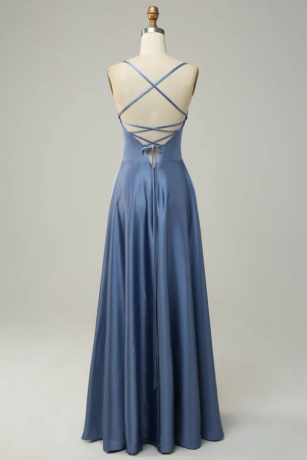 Luolandi Grey blue neckline A-line long bridesmaid dress Solid Color Party Dress