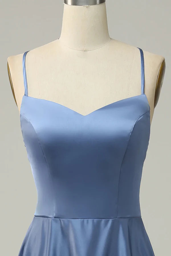 Luolandi Grey blue neckline A-line long bridesmaid dress Solid Color Party Dress