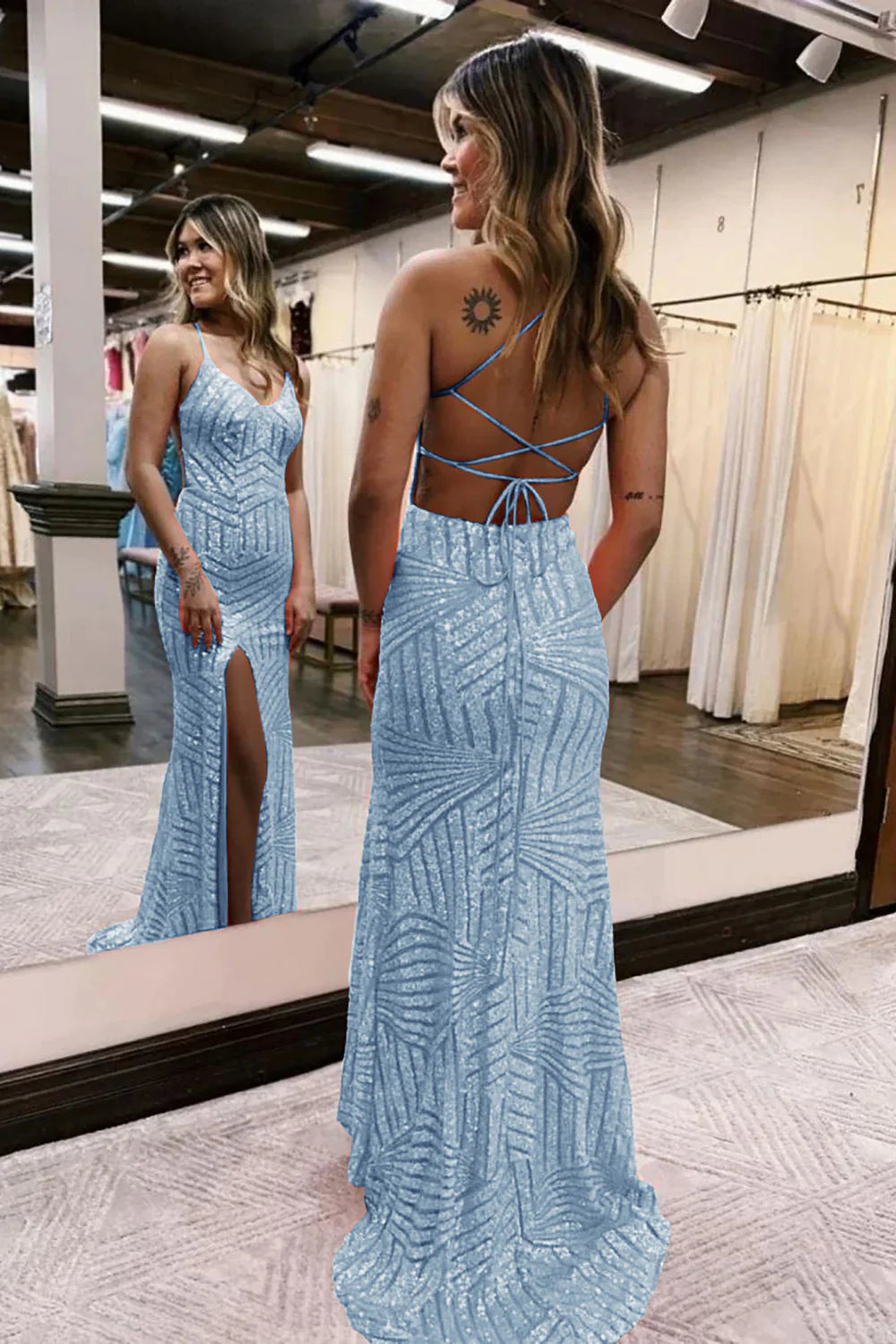 Luolandi Grey Blue Sequins V-Neck Spaghetti Straps Prom Dress With Slit Sparkly