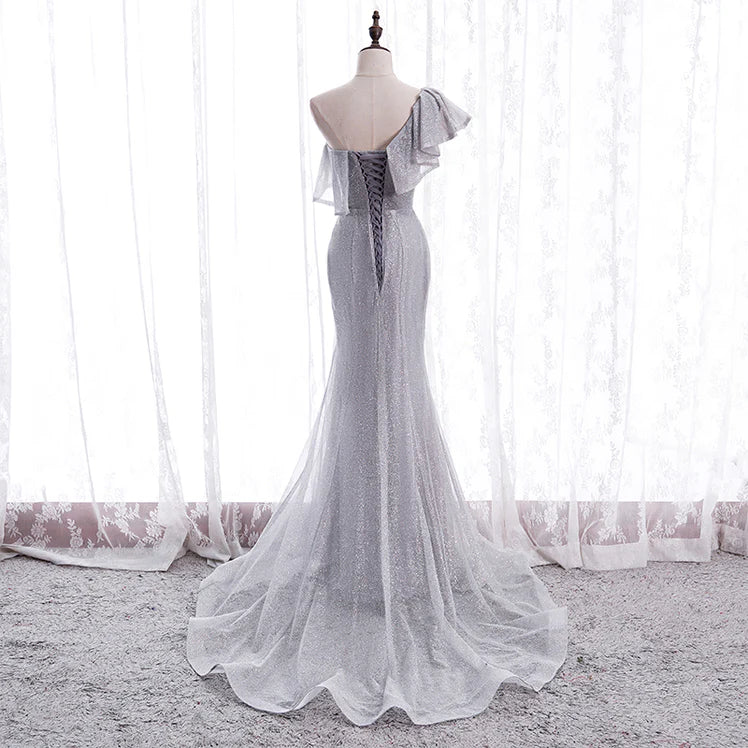 Luolandi Grey One Shoulder Lace-up Shiny Long Prom Dress Party Dress Long Evening Dress Floor Length
