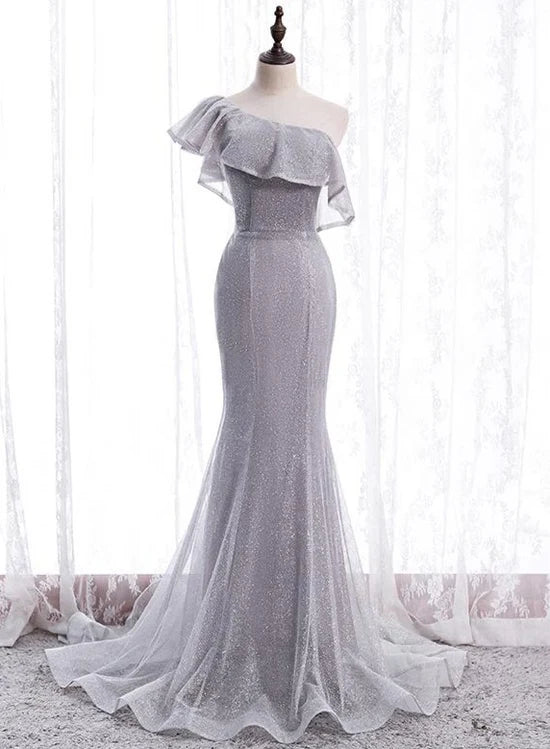 Luolandi Grey One Shoulder Lace-up Shiny Long Prom Dress Party Dress Long Evening Dress Floor Length