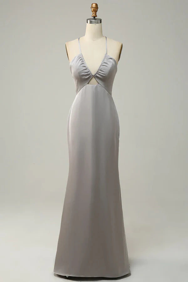Luolandi Fish tail thin shoulder strap open back grey long bridesmaid dress Sexy