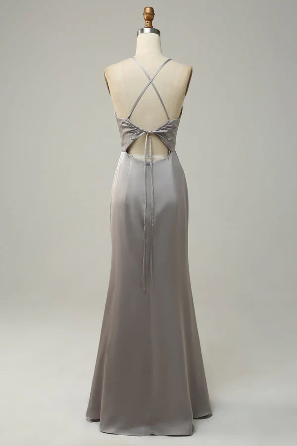 Luolandi Fish tail thin shoulder strap open back grey long bridesmaid dress Sexy