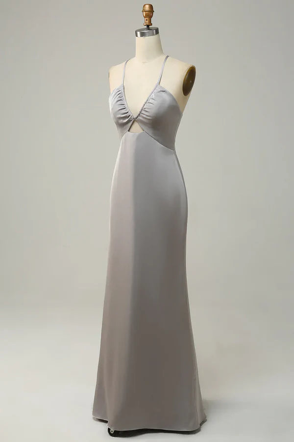 Luolandi Fish tail thin shoulder strap open back grey long bridesmaid dress Sexy