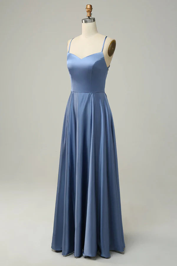 Luolandi Grey blue neckline A-line long bridesmaid dress Solid Color Party Dress