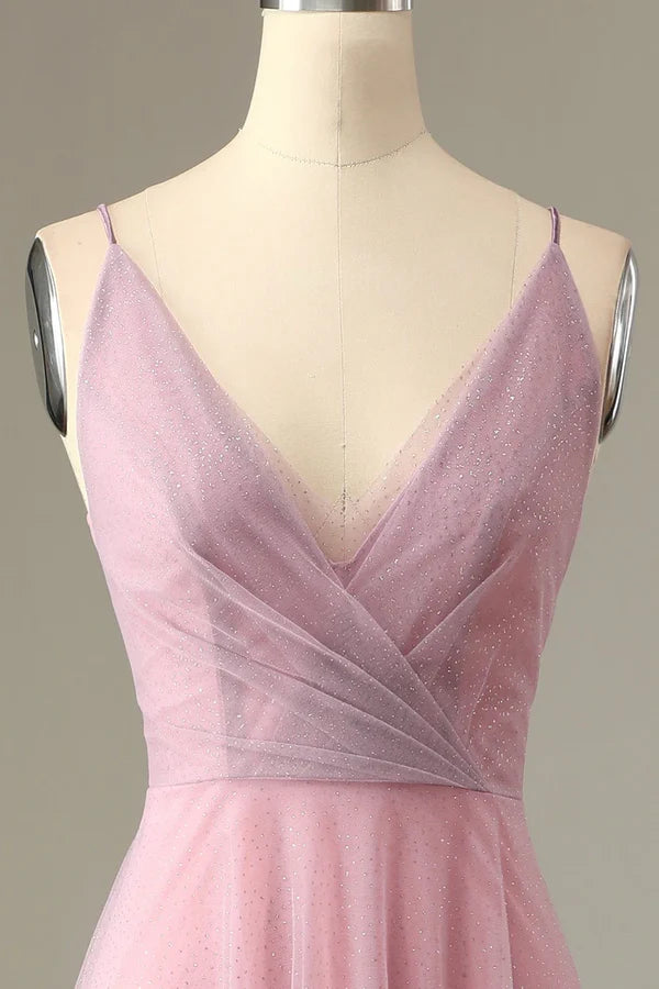 Luolandi A Line thin shoulder strap grey pink bridesmaid dress V-neck Sparkly