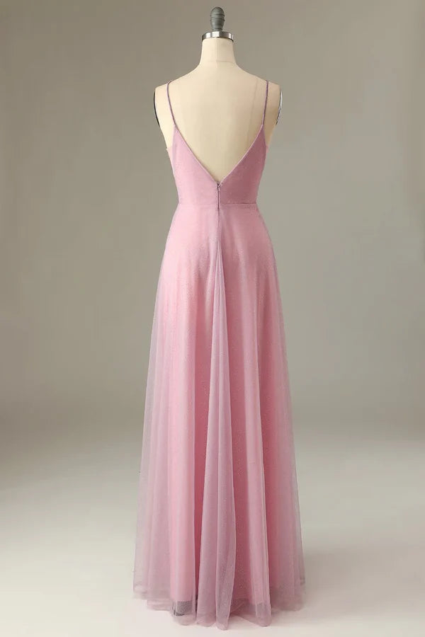 Luolandi A Line thin shoulder strap grey pink bridesmaid dress V-neck Sparkly