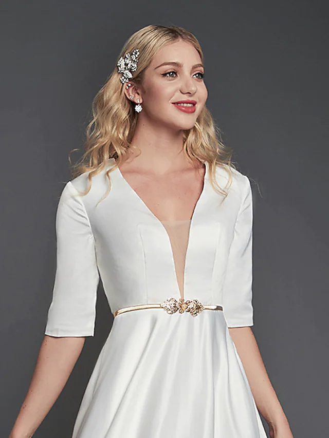 Luolandi A-Line Minimalist Elegant Homecoming Cocktail Party Dress V Neck Half Sleeve Tea Length Satin with Ribbon