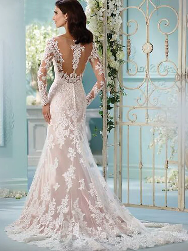 Luolandi Wedding Dresses Scoop Neck Chapel Train Lace Tulle Lace Over Satin Long Sleeve Formal Sexy Beautiful Back Illusion Sleeve