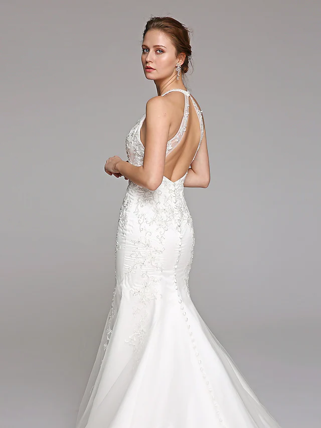 Luolandi Wedding Dresses Halter NeckLace Over Tulle Regular Straps Sexy Illusion Detail