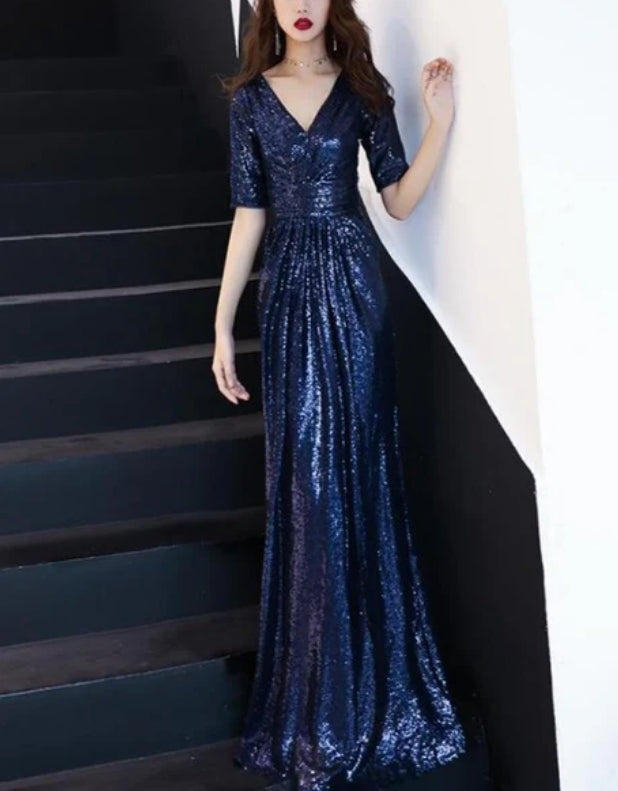 Luolandi Blue Sequins Short Sleeves A-line Long Bridesmaid Dresses Sequins Evening Dress Party Dress Sparkly