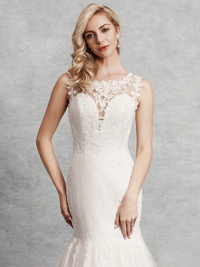 Luolandi Wedding Dresses Scoop Neck Court Train Lace Satin Tulle Regular Straps Beautiful Back with Lace