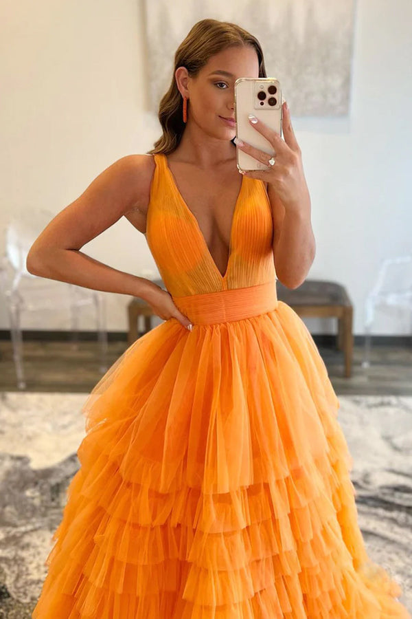 Luolandi A-line Orange V-Neck Tulle Long Prom Dress Solid Color Floor Length