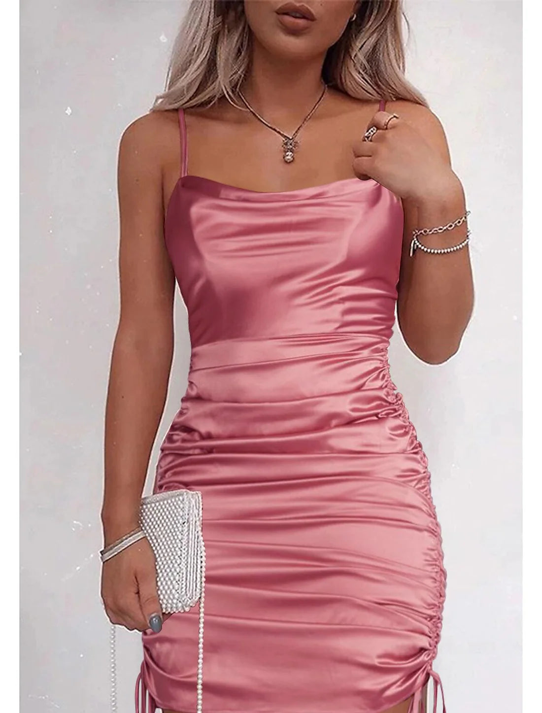 Luolandi Mermaid / Trumpet Homecoming Dresses Backless Dress Cocktail Party Sweet 16 Short / Mini Sleeveless Spaghetti Strap Pink Dress Satin with Fringe