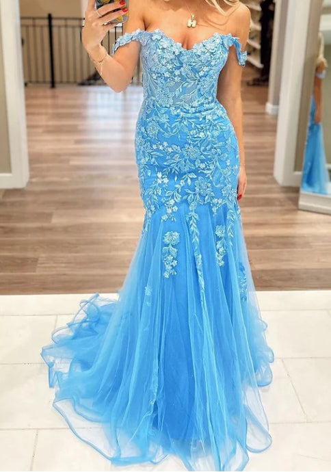Luolandi Blue Off the Shoulder Tulle Mermaid Prom Dresses with Appliques Floor Length