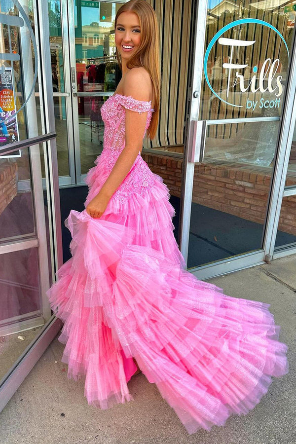 Luolandi A Line Off-the-Shoulder Ruffle Tulle Long Prom Dress with Appliques Beautiful
