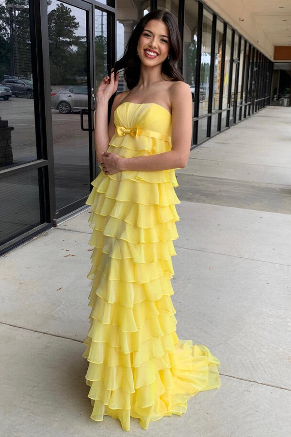 Luolandi Strapless High-Waist Ruffle Tiered Long Prom Dress with Bow Off Shoulder