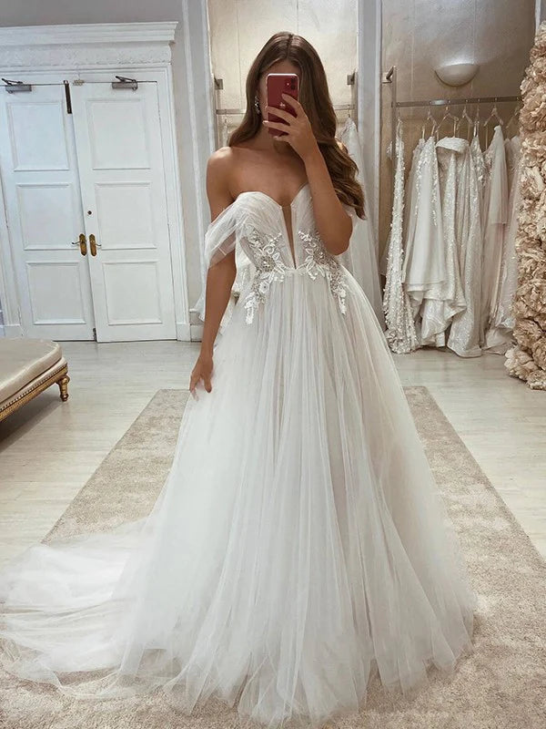 Luolandi A-Line/Princess Tulle Applique Off-the-Shoulder Sleeveless Sweep/Brush Train Wedding Dresses Sexy