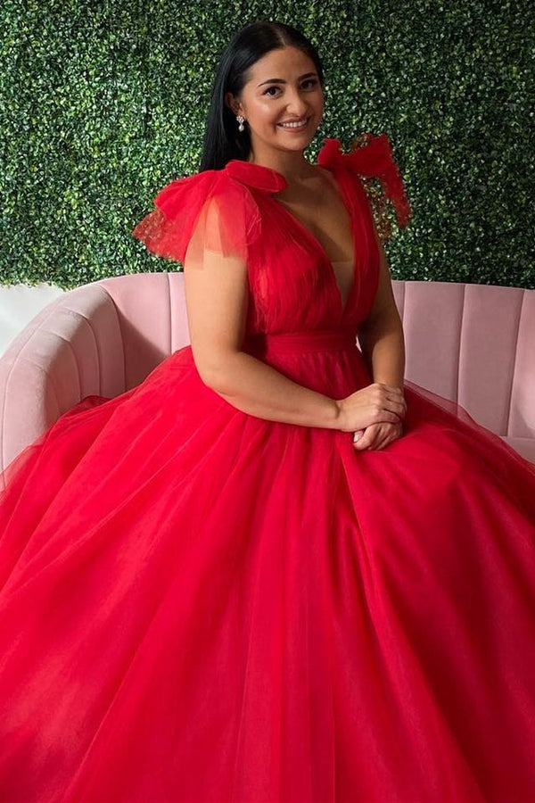 Luolandi Blue Plunge V Bow-Strap A-Line Long Prom Gown Solid Color Sexy Prom Dress