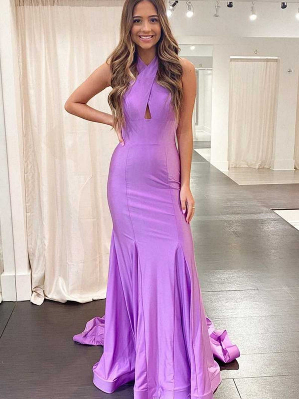 Luolandi Halter Cross Neck Purple Long Bodycon Prom Dress Open Back Evening Dress Party Dress