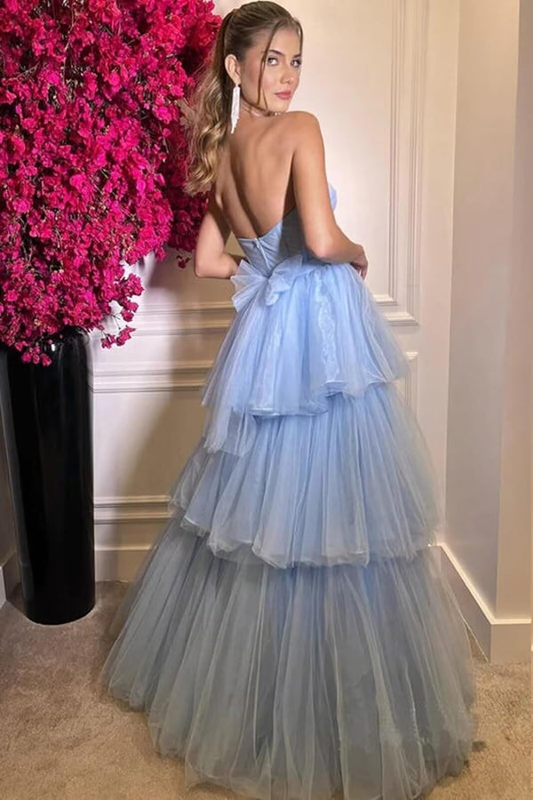 Luolandi A-line Tiered Ruffled Long Tulle Prom Dress Off Shoulder Sexy Evening Dress