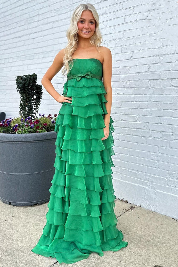 Luolandi Strapless High-Waist Ruffle Tiered Long Prom Dress with Bow Off Shoulder