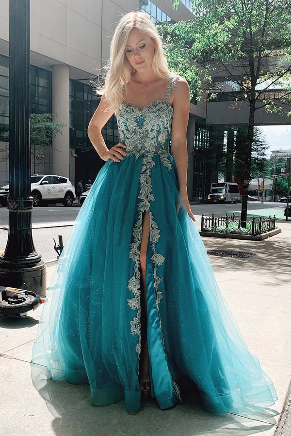 Luolandi Turquoise Tulle Floral Appliques Sweetheart A-Line Prom Gwon With Slit
